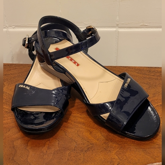 PRADA EUC Navy Blue Patent Leather Low Wedge Sandal Sz 38 1/2 - Picture 1 of 13